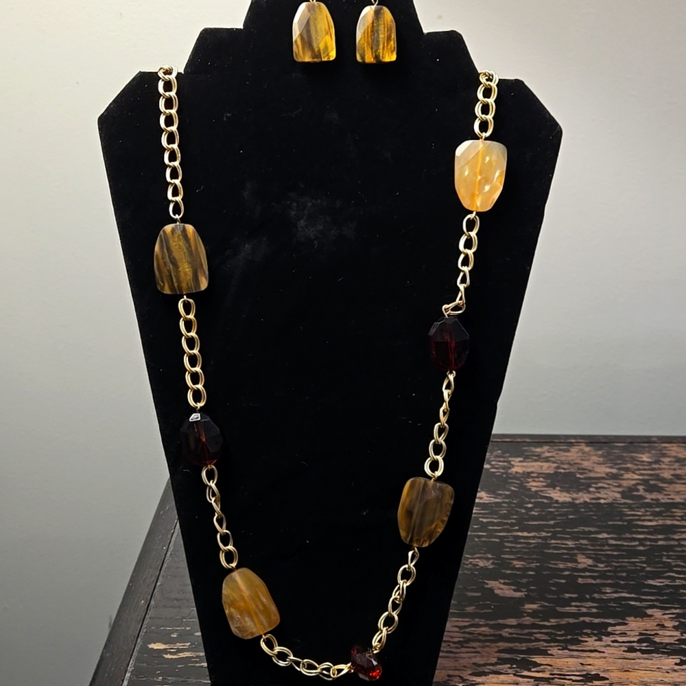 Avon Acrylic Gold and Brown Necklace & Earrings Set